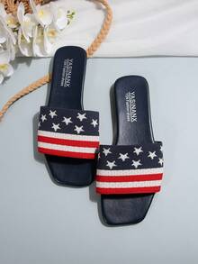 Giày sandal đế rộng, giày đế xuồng sọc trắng cho nữ mùa hè, dép xỏ ngón đế bằng và dép sandal đỏ cho nữ phù hợp cho kỳ nghỉ thường ngày, dép lê cho nữ, kỷ niệm ngày độc lập và các dịp khác - Đỏ và Trắng - Xem 8