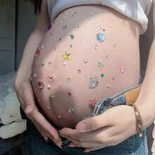 1/5 Set de pegatinas de diamantes para decoración tridimensional del vientre embarazado con patrón de perlas, amor y foto de maternidad