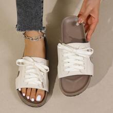 Women's Thick Sole Lace-Up Sandals, Black Bohemian Style Casual Beach Slippers, Summer