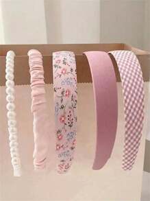 5 Pcs/Set Women Spring Floral Plaid Pearl Hair Hoop Set, Ethereal & Sweet Wide-Edge Headband Hair Accessories, Versatile Outdoor Girly Style, Valentine's Day Gift For Girlfriend, Pink Hair Accessories Headbands Hairband