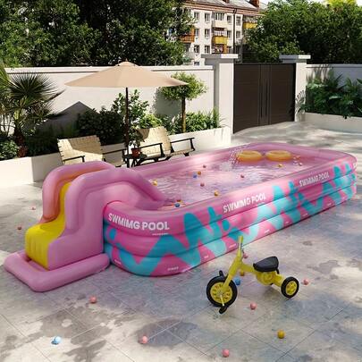 Large Inflatable Pool With Slide - 1 Pc PVC Double-Layer Sealed Air Valve - Bottom Drain Plug, No Electricity Required, Includes Multiple Garden Water Party Accessories