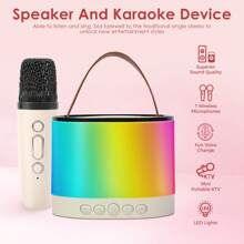 EIGIIS Mini chaîne stéréo de bureau avec microphones sans fil, 5 effets lumineux à LED, enceinte karaoké Bluetooth, microphone portable Bluetooth avec changeur de voix, mini machine à karaoké, cadeau parfait pour l'anniversaire et la famille