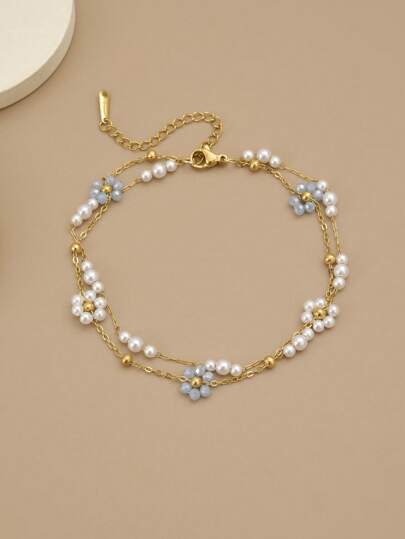 قطعة واحدة سوار/أسورة مزدوج الطبقة من الخرز والزهور الاصطناعية والكريستال فاخر من الفولاذ المقاوم للصدأ للنساء (يدوي الصنع، قد تختلف كمية الخرز والأزهار الخرزية والذهبية، الحجم محدد)