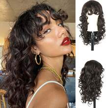 Long Brown Curly Wigs With Bangs Synthetic Wigs For Women, 24inch Chocolate Brown Curly Wavy Wig With Wispy Bangs Shaggy Curly Hair With Fringe Daily Party Use Cosplay Wigs(4#) - 棕色 - 查看 2