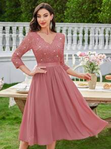 MIUSOL Elegant V-Neck Sequin Floral Lace Ruched Chiffon 3/4 Sleeve Evening Party Long Dress