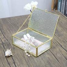 Metal Edged Glass Jewelry Box With Diamond Pattern, Storage Box For Home Use, Gift For Valentine's Day