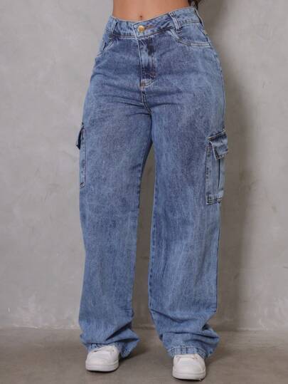 Stillger Moda Jeans Calça Wide Leg Cargo Pantalona Jeans Feminina Cintura Alta