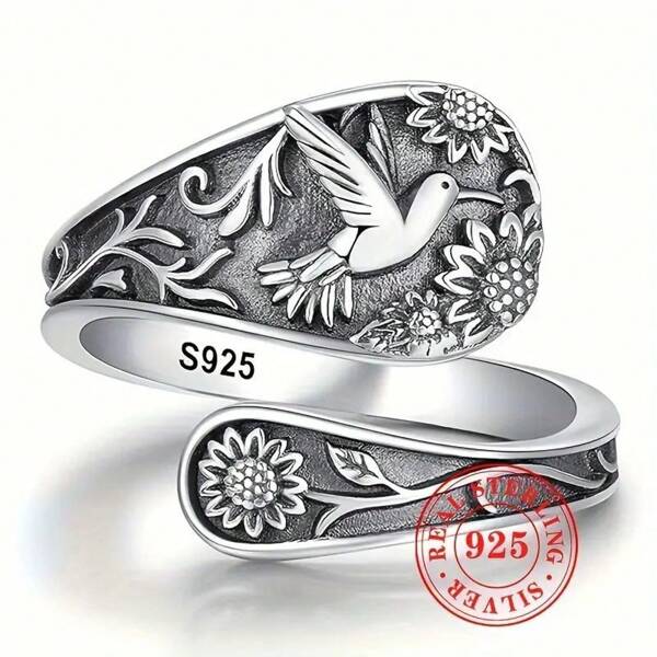 S925 Sterling Silver Vintage Floral Bird Ring - Bohemian Adjustable Open Band, Unisex Jewelry