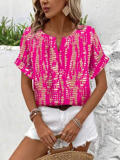 Women's Summer Casual V-Neck Short Sleeve Allover Print Shirt, American Vintage Texture Print Shirt, Vacation Style Flattering Versatile Design