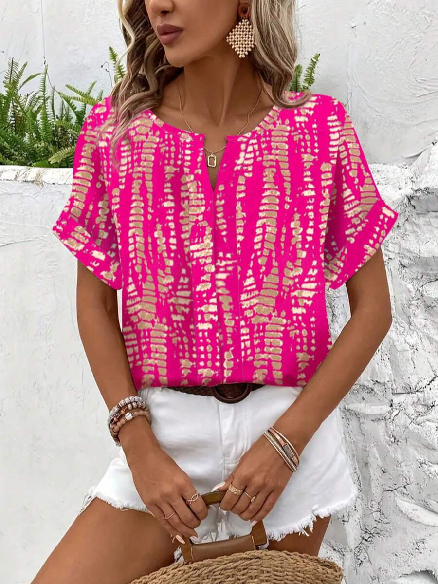 女士夏季休闲V领短袖印花衬衫，美式复古纹理印花衬衫，度假风百搭修身设计 - 玫紅色 - 查看 1