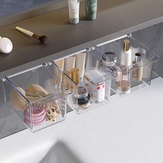 Drawer-Style Organizer Box Under Mirror Cabinet, Transparent Cartoon, For Cleaning Swabs, Makeup Pads, Bathroom Cabinet Pull-Out Storage Rack
