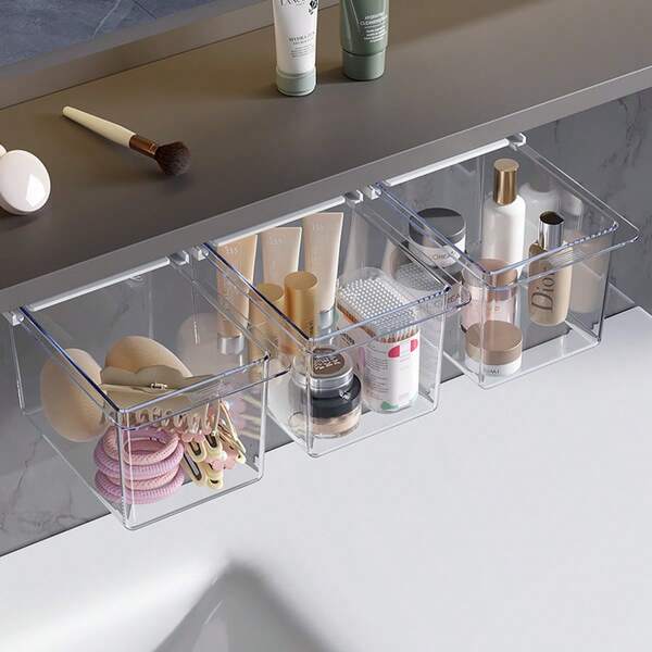 Drawer-Style Organizer Box Under Mirror Cabinet, Transparent Cartoon, For Cleaning Swabs, Makeup Pads, Bathroom Cabinet Pull-Out Storage Rack