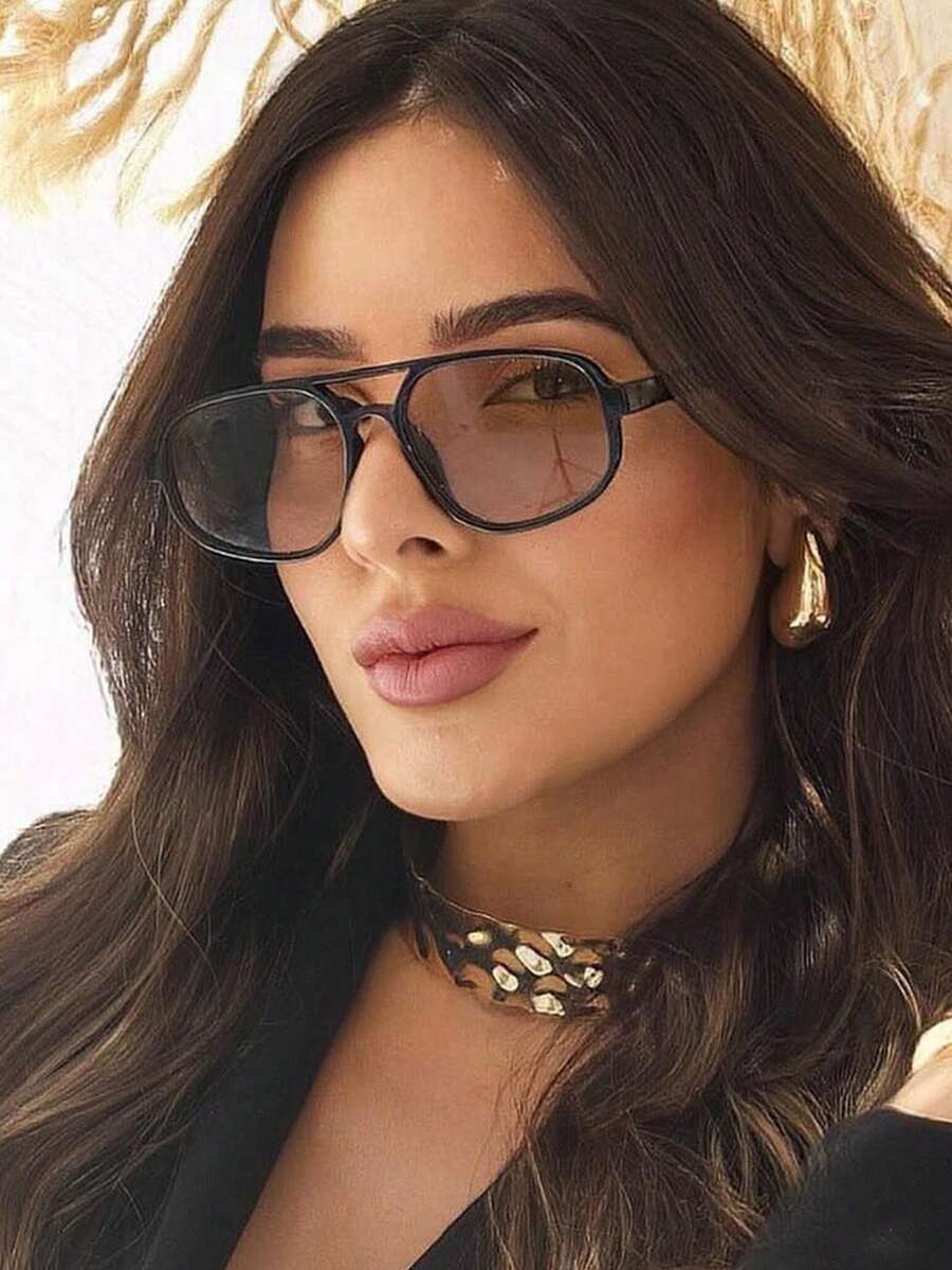 1pc Women's Black Pilot PC Frame Solid Color Double Bridge Full Frame Street Style Travel Holiday Vintage Fashion Glasses - 黑色 - 查看 1