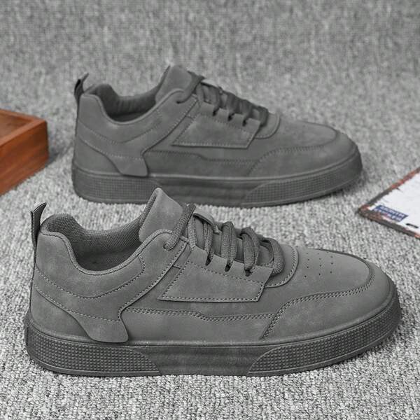 Men's Solid Color Grey Lace-Up Front Sports Skate Shoes, Minimalist Style Round Toe Thick Bottom Height Increasing Athletic Shoes