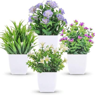 4株/1株迷你仿真植物带花，适用于家居、房间、办公室、农舍、浴室、桌面装饰、室内装饰、婚礼、派对、春季装饰