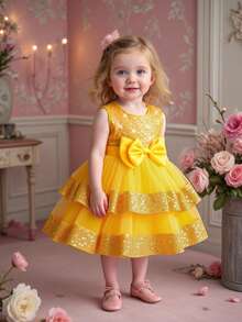 Baby Girls Solid Color Sequin Mesh Bow Tulle Cake Dress Sleeveless Cute Flower Girl Party Dress, Suitable For Outdoor Party, Excluding Headband - Yellow - View 5