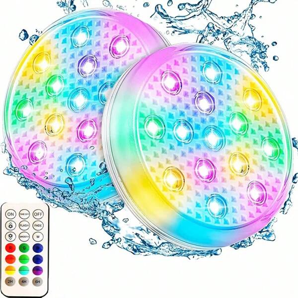 1 pieza/2 piezas Luces LED subacuáticas, con control remoto IP68 a prueba de agua, luces LED de colores cambiantes a control remoto impermeables sumergibles para piscina, con modos de cambio de color RGB, para acuario, bañera, jacuzzi, Halloween, Navidad, decoración de piscina y fiesta, iluminación de jardín exterior para senderos, patio, sin incluir pegamento