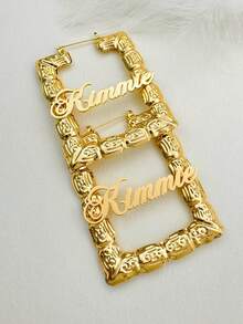 1pc Customized Bamboo Earrings, Elegant Minimalist Rectangular Earrings, Square Earrings, Gold Name Earrings, Personalized Earrings, Gift - Multicolor - View 3