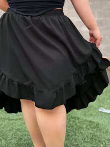 Truni Plus Size Women's Black Ruffles Hem Skirt, Vintage Black Layered Skirt