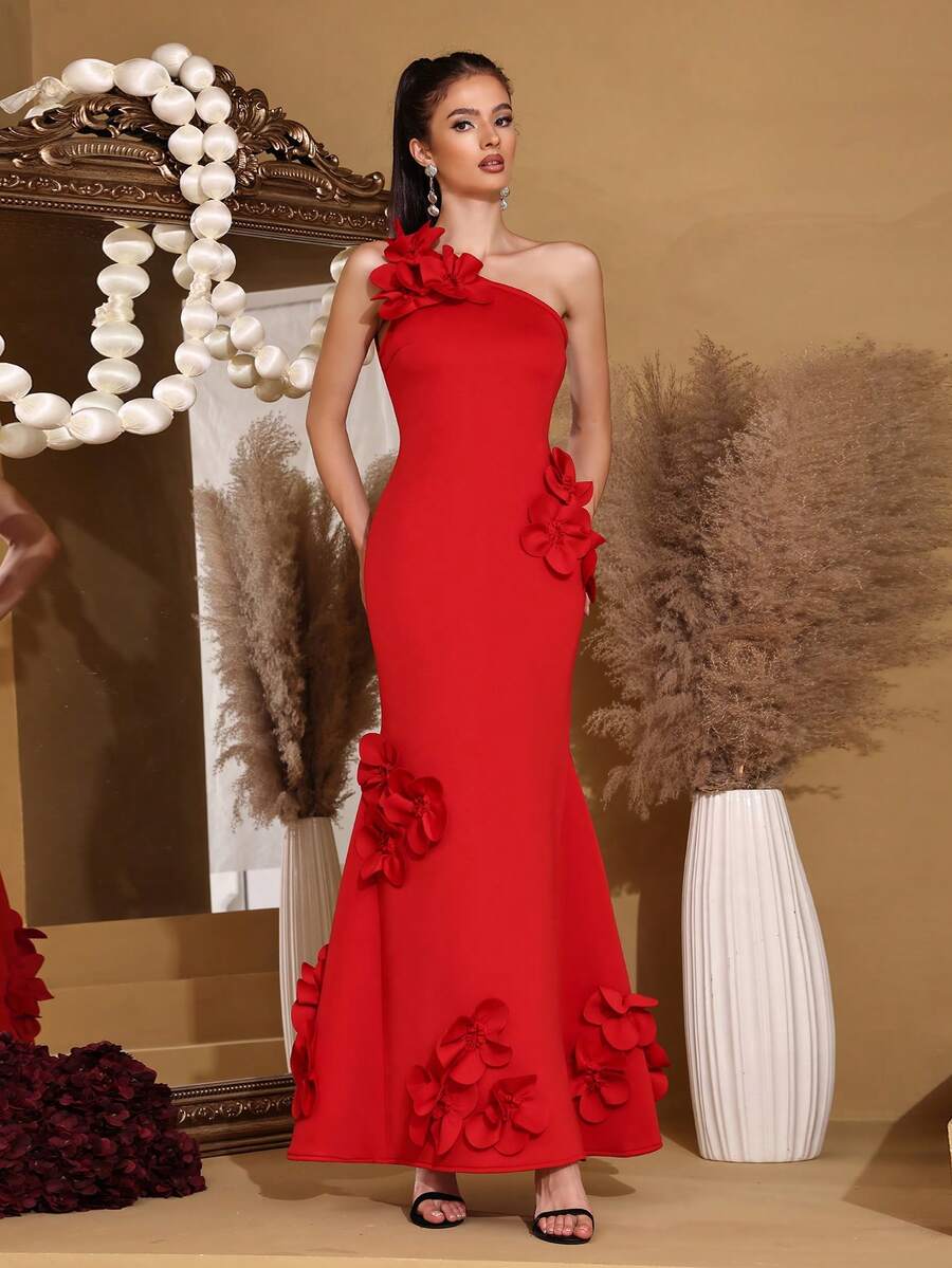 Modphy Váy xòe lớn không tay bất đối xứng trang trí hoa 3D thanh lịch mới, dành cho khách dự tiệc cưới, phù dâu, tiệc ngày lễ, váy dạ hội trang trọng dành cho nữ - Đỏ - Xem 1