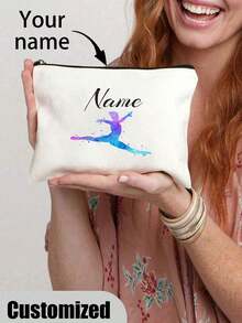 1pc Custom Gymnastics Pattern Makeup Bag - Personalized Name, Lightweight & Foldable Cosmetic Pouch, Polyester With Black Zipper, Ideal For Travel & Gifts, White, All-Purpose, Large Capacity, Versatile, Multifunction, Colorful, Cute, Adorable, Contracted, Funny, Kawaii, Y2K, Minimalist, Commuting, Business Casual, Basics, Custom, For Anniversaries, For Birthdays, For Holiday/ Vacation, For Outdoors/Outings/Travel/Hiking/Stadium/Sports/Climbing, For Business/Commute/Work/Office, Vacation, Vacation