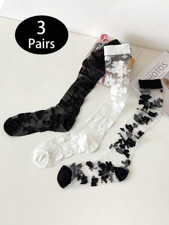 3 Pairs Women's Sexy Lace Floral Mesh Long Socks, Retro Style Leg Warmers, Summer, Y2k, Cozy
