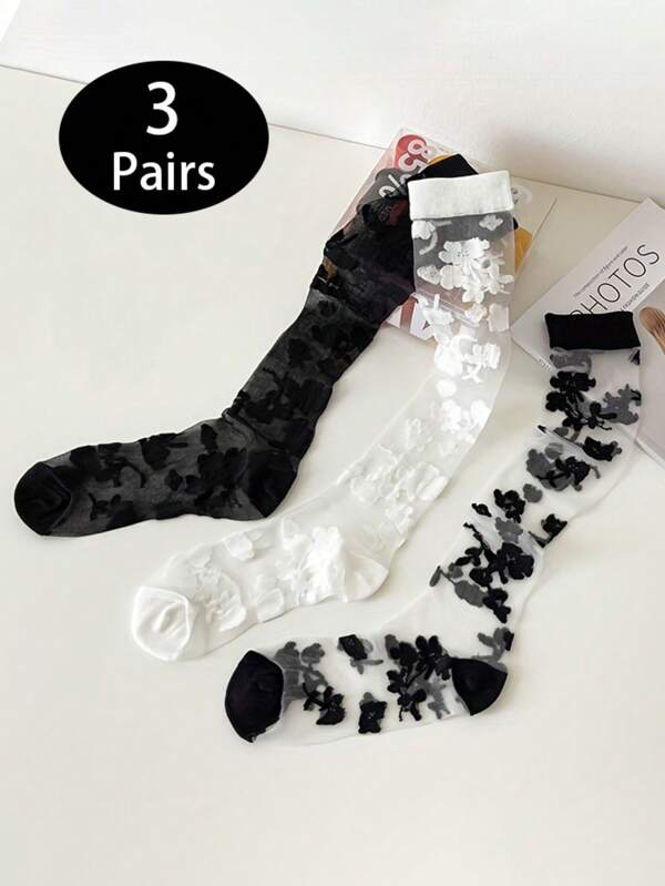 3 Pairs Women's Sexy Lace Floral Mesh Long Socks, Retro Style Leg Warmers, Summer, Y2k