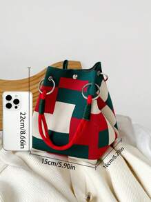 1pc Multicolor Geometric Pattern Knitted Handbag, Women Portable Foldable Dual Handle Small Tote Bag With Magnetic Closure, Suitable For Commuting, Vacation, Beach, Shopping