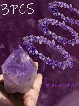 3pcs Natural Amethyst Asymmetrical Bracelet Natural Crystal Jewelry Amethyst Daily Jewelry Valentine's Day Gift Mother's Day Gift
