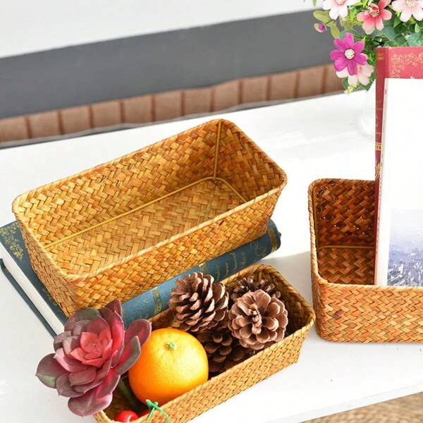 1pc Handwoven Rattan Basket, Multipurpose Decorative Organizer Box For Snacks, Jewelry, Cosmetics, Desktop Storage, Suitable For Home, Bathroom, Kitchen Display