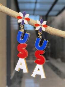 2pcs Of Fashionable American Independence Flower USA English Letters Red, White And Blue Color Matching Earrings Simple Style Acrylic Color Matching Women's Pendant Earrings Suitable For Independence Day Special Event Occasions Theme Party