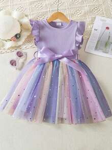 Baby Girl Rainbow Glitter Printed Dress With Ruffled Sleeves & Adjustable Bow Belt Knee-Length Breathable Mesh Summer Casual Toddler Dresses - 紫色 - 查看 1