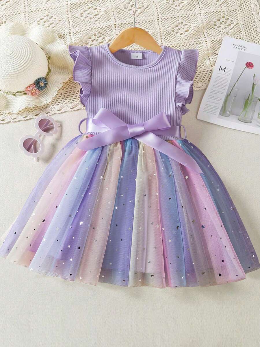 Baby Girl Rainbow Glitter Printed Dress With Ruffled Sleeves & Adjustable Bow Belt Knee-Length Breathable Mesh Summer Casual Toddler Dresses - 紫色 - 查看 1