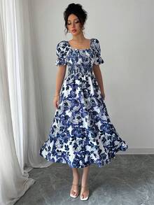 时尚束腰 A 字连衣裙，复古方领短袖及膝休闲花卉印花长裙，全身花卉印花波西米亚褶饰荷叶边/荷叶边下摆 - 藍色 - 查看 4