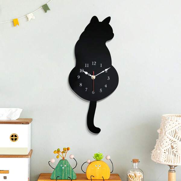 1 pièce Horloge murale silencieuse en forme de chat noir en acrylique DIY avec queue de chat, fonctionnant sur pile, convient pour le salon, la chambre, la salle à manger, le bureau, la décoration d'Halloween, de Thanksgiving, de Pâques. Décoration de chambre, décoration de dortoir, décor de retour à l'école, décor scolaire, surprise scolaire
