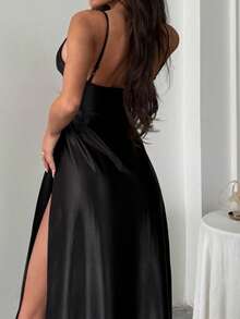Women's Solid Color Elegant Backless Split Ruffle Hem Dress, Formal Wedding Party Evening Gown - Black - View 4