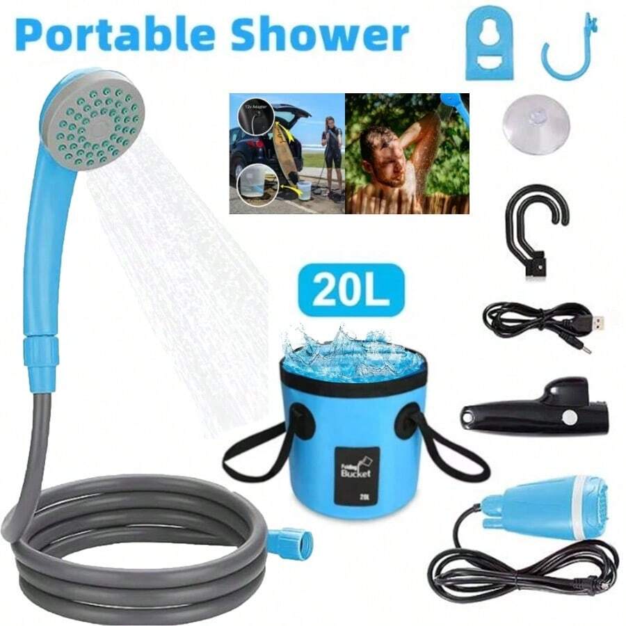 Portable Camping Shower 2200mAh Rechargeable Shower Pump With 20L Collapsible Bucket Outdoor Shower For Hiking Beach Travel Pet Bath Car Washing Surf And Boat Cleaning Blue - 肉凍 - 查看 1