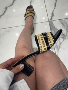 Women's Adjustable Buckle Chunky Heel Slide Sandals - Black - View 2