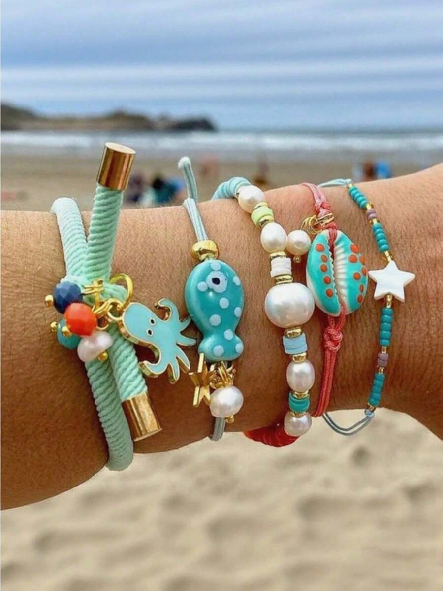 5 件套可爱卡通章鱼、贝壳和鱼陶瓷弹力手链套装，适合女性日常、度假和休闲穿着 - 顏色 - 查看 1