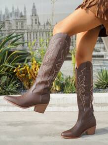 2025 Autumn/Winter New Women Plus Size Thick Heel Pointed Toe Embroidered Western Cowgirl Suede Leather Mid-Calf Boots, Outdoor Fashion Slip-On