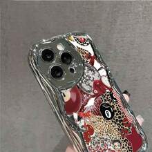 Red Collage Cherries Leopard Print Billiards Element Design  Glossy Cream Wave Plated Phone Case For IPhone16/15/ 14/13/12 /XsPro, Anti-Scratch Protective Cover With Wavy Design, Stylish Shockproof Mobile Case For Women Girls - 銀色 - 查看 4