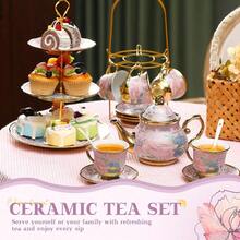 Lujoso juego de té de 21 piezas de porcelana con base de metal dorado y soporte para pasteles para fiestas y eventos: elegante vajilla de estilo europeo para regalos de mujeres y niñas - Morado - Ver 6