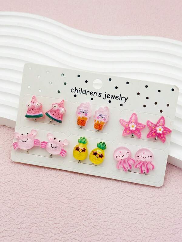 Set de 12 Pares de Aretes Clip-On Indoloros con Diseños Lindos de Animales y Frutas para Niñas, Accesorios de Joyería de Resina con Dibujos Animados, para Uso Diario