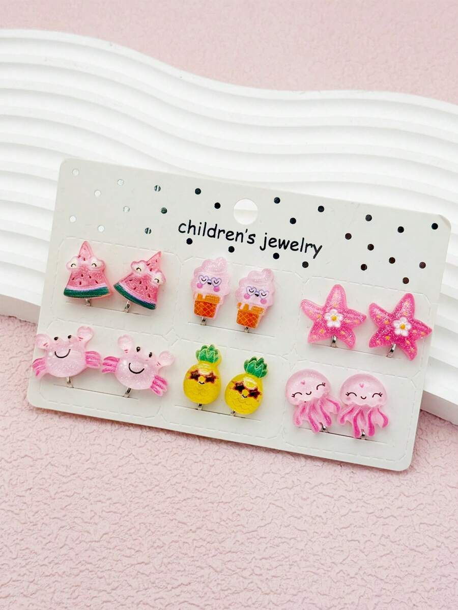 12 pièces/set Boucles d'oreilles clip mignonnes d'animaux et de fruits sans douleur pour filles, accessoires de bijoux en résine de bande dessinée mignonne, port quotidien