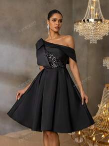 Faeriesty Luxury Sequined A-Line Asymmetrical Neck Bow Dress - Spring/Summer Formal Wear For Weddings, Private Parties & Galas, Party Dress, For Cocktail