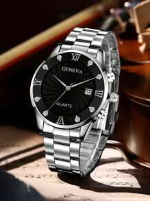 2PCS Silver Alloy Strap Men's Watch Set Fashion Simple Style Round Dial With Calendar Quartz Watch Bracelet Set Suitable For Daily Clothing Matching With Festival Gifts