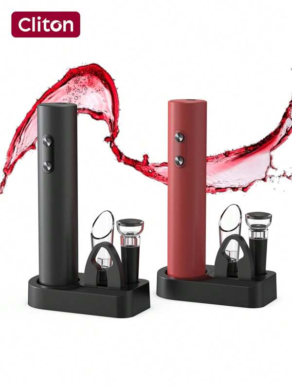 CLITON 5-In-1 Electric Wine Opener Gift Set Electric Wine Bottle Opener Battery Operated Corkscrew With Foil Cutter, Wine Pour, Wine Stopper And Storage Base