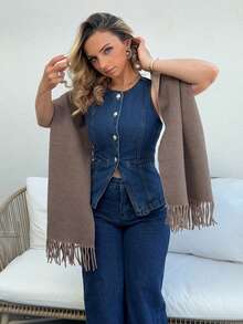 Jeta Ari Bộ 2 món áo ba lỗ xẻ eo cài nút kim loại phía trước cho nữ và quần jeans dài - Bộ denim thanh lịch, quần jeans ống rộng rộng rãi, quần jeans cạp cao cho nữ, FW25 - Rửa tối - Xem 7