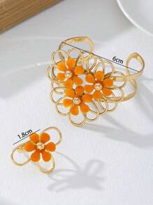 1 Set de joyería con flor en color vino tinto brillante para mujer, anillo y pulsera populares para fiestas y fotografía callejera