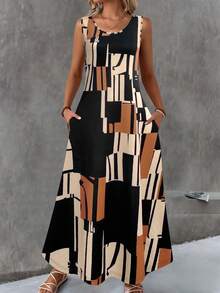 Plus Size Pocket All Over Print Summer Dress Vacation Casual Daily Wear Spring Summer Outfits Sleeveless Geometric Print Long Dress - Tan - View 2